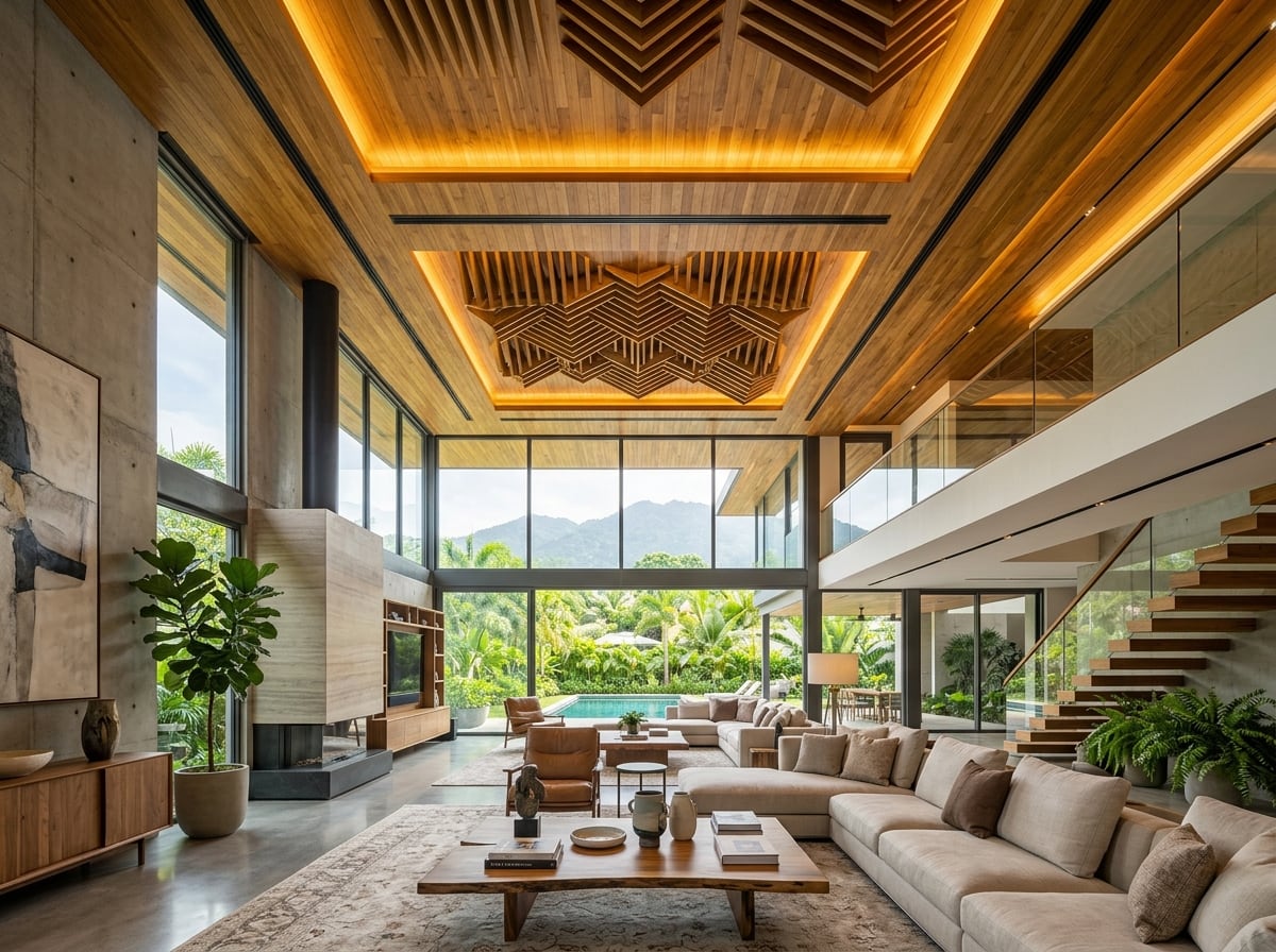 Finger-Jointed Teak Wood Ceiling and Acoustic Baffles